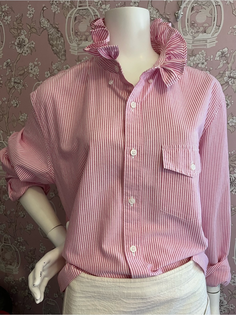 Upcycled men’s Pink Striped Ruffle-Collar Button-Up Shirt